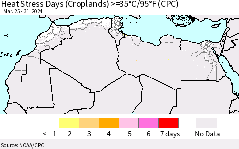 North Africa Heat Stress Days (Croplands) >=35°C/95°F (CPC) Thematic Map For 3/25/2024 - 3/31/2024