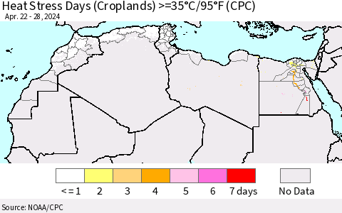 North Africa Heat Stress Days (Croplands) >=35°C/95°F (CPC) Thematic Map For 4/22/2024 - 4/28/2024