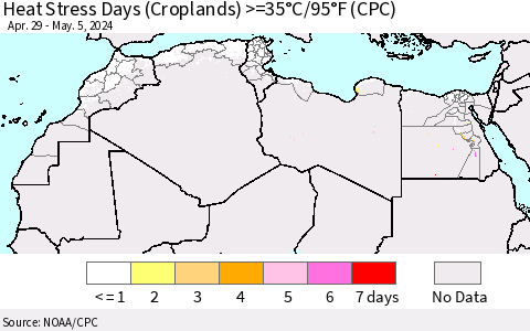 North Africa Heat Stress Days (Croplands) >=35°C/95°F (CPC) Thematic Map For 4/29/2024 - 5/5/2024