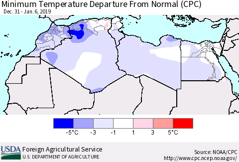 North Africa Mean Minimum Temperature Departure from Normal (CPC) Thematic Map For 12/31/2018 - 1/6/2019