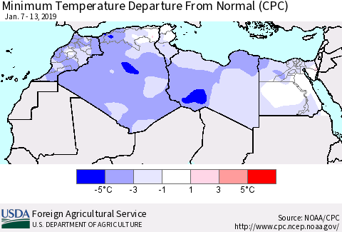 North Africa Mean Minimum Temperature Departure from Normal (CPC) Thematic Map For 1/7/2019 - 1/13/2019