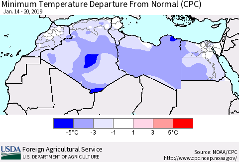 North Africa Mean Minimum Temperature Departure from Normal (CPC) Thematic Map For 1/14/2019 - 1/20/2019