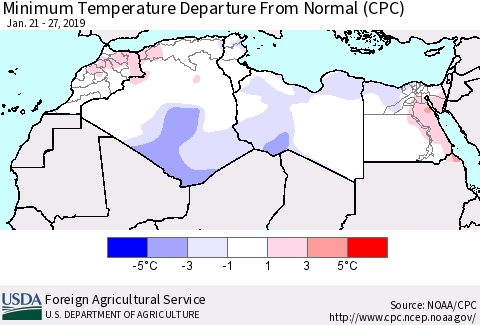 North Africa Mean Minimum Temperature Departure from Normal (CPC) Thematic Map For 1/21/2019 - 1/27/2019