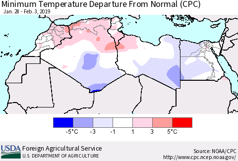 North Africa Mean Minimum Temperature Departure from Normal (CPC) Thematic Map For 1/28/2019 - 2/3/2019