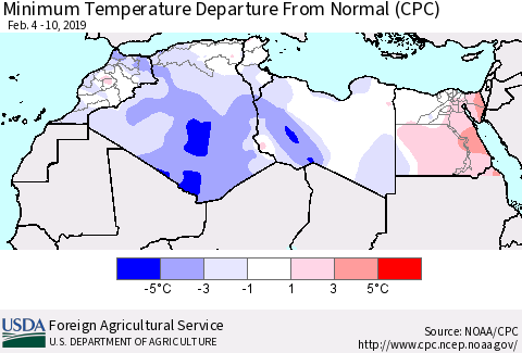 North Africa Mean Minimum Temperature Departure from Normal (CPC) Thematic Map For 2/4/2019 - 2/10/2019