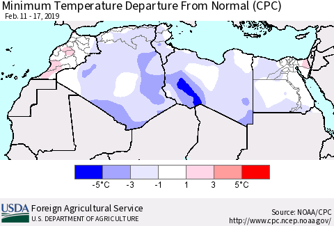 North Africa Mean Minimum Temperature Departure from Normal (CPC) Thematic Map For 2/11/2019 - 2/17/2019