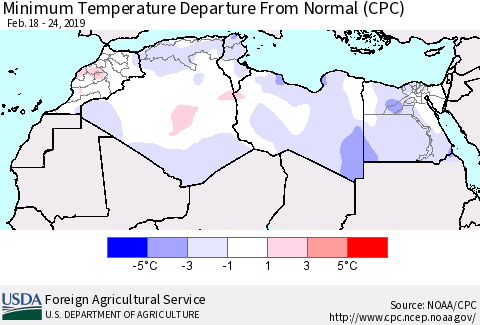 North Africa Mean Minimum Temperature Departure from Normal (CPC) Thematic Map For 2/18/2019 - 2/24/2019