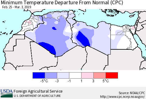 North Africa Mean Minimum Temperature Departure from Normal (CPC) Thematic Map For 2/25/2019 - 3/3/2019