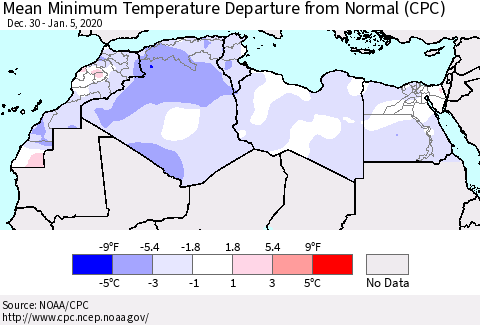 North Africa Mean Minimum Temperature Departure from Normal (CPC) Thematic Map For 12/30/2019 - 1/5/2020