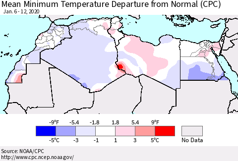 North Africa Mean Minimum Temperature Departure from Normal (CPC) Thematic Map For 1/6/2020 - 1/12/2020
