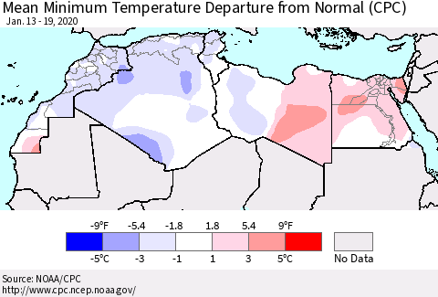 North Africa Mean Minimum Temperature Departure from Normal (CPC) Thematic Map For 1/13/2020 - 1/19/2020