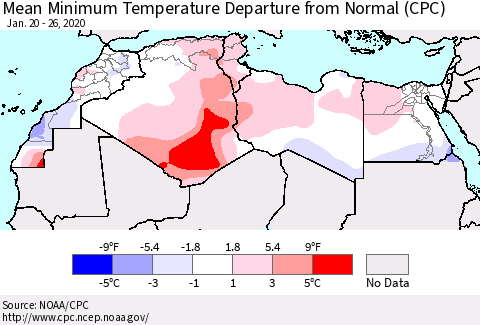 North Africa Mean Minimum Temperature Departure from Normal (CPC) Thematic Map For 1/20/2020 - 1/26/2020