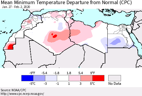 North Africa Mean Minimum Temperature Departure from Normal (CPC) Thematic Map For 1/27/2020 - 2/2/2020