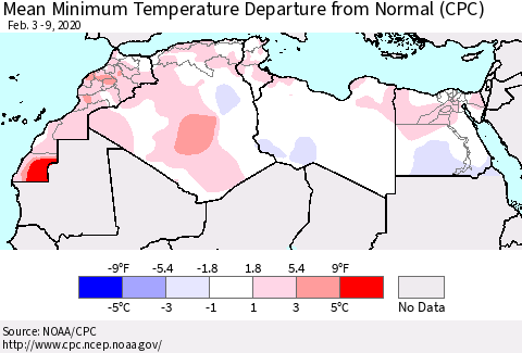 North Africa Mean Minimum Temperature Departure from Normal (CPC) Thematic Map For 2/3/2020 - 2/9/2020