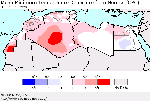 North Africa Mean Minimum Temperature Departure from Normal (CPC) Thematic Map For 2/10/2020 - 2/16/2020
