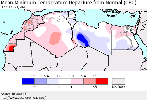North Africa Mean Minimum Temperature Departure from Normal (CPC) Thematic Map For 2/17/2020 - 2/23/2020