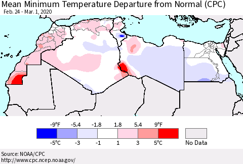 North Africa Mean Minimum Temperature Departure from Normal (CPC) Thematic Map For 2/24/2020 - 3/1/2020