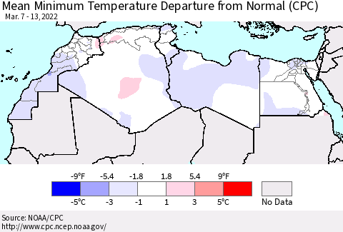 North Africa Mean Minimum Temperature Departure from Normal (CPC) Thematic Map For 3/7/2022 - 3/13/2022