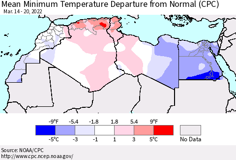 North Africa Mean Minimum Temperature Departure from Normal (CPC) Thematic Map For 3/14/2022 - 3/20/2022