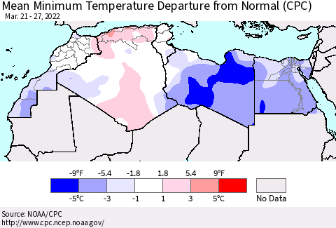 North Africa Mean Minimum Temperature Departure from Normal (CPC) Thematic Map For 3/21/2022 - 3/27/2022