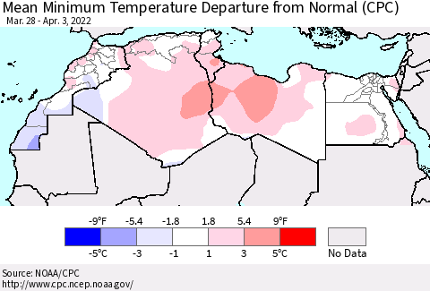 North Africa Mean Minimum Temperature Departure from Normal (CPC) Thematic Map For 3/28/2022 - 4/3/2022