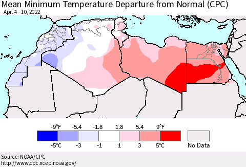 North Africa Mean Minimum Temperature Departure from Normal (CPC) Thematic Map For 4/4/2022 - 4/10/2022