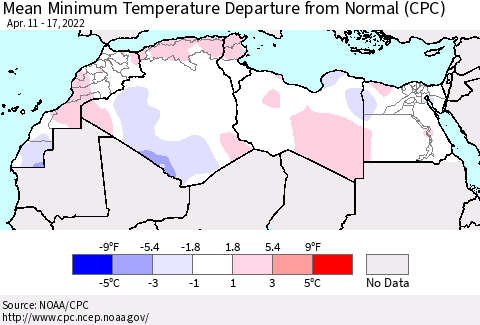 North Africa Mean Minimum Temperature Departure from Normal (CPC) Thematic Map For 4/11/2022 - 4/17/2022