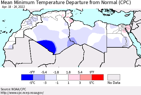 North Africa Mean Minimum Temperature Departure from Normal (CPC) Thematic Map For 4/18/2022 - 4/24/2022