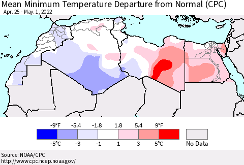 North Africa Mean Minimum Temperature Departure from Normal (CPC) Thematic Map For 4/25/2022 - 5/1/2022