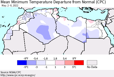 North Africa Mean Minimum Temperature Departure from Normal (CPC) Thematic Map For 5/2/2022 - 5/8/2022