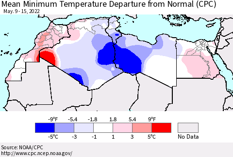 North Africa Mean Minimum Temperature Departure from Normal (CPC) Thematic Map For 5/9/2022 - 5/15/2022