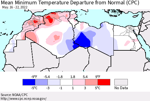 North Africa Mean Minimum Temperature Departure from Normal (CPC) Thematic Map For 5/16/2022 - 5/22/2022