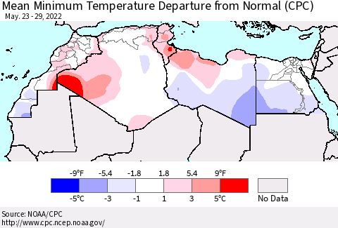 North Africa Mean Minimum Temperature Departure from Normal (CPC) Thematic Map For 5/23/2022 - 5/29/2022