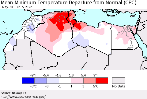 North Africa Mean Minimum Temperature Departure from Normal (CPC) Thematic Map For 5/30/2022 - 6/5/2022