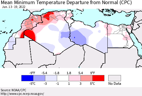 North Africa Mean Minimum Temperature Departure from Normal (CPC) Thematic Map For 6/13/2022 - 6/19/2022
