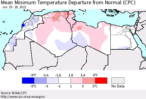 North Africa Mean Minimum Temperature Departure from Normal (CPC) Thematic Map For 6/20/2022 - 6/26/2022