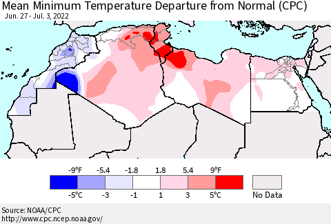 North Africa Mean Minimum Temperature Departure from Normal (CPC) Thematic Map For 6/27/2022 - 7/3/2022