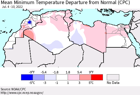 North Africa Mean Minimum Temperature Departure from Normal (CPC) Thematic Map For 7/4/2022 - 7/10/2022