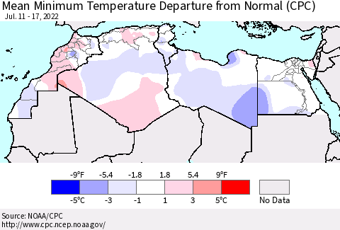 North Africa Mean Minimum Temperature Departure from Normal (CPC) Thematic Map For 7/11/2022 - 7/17/2022