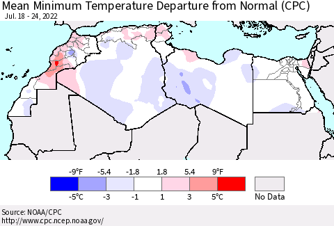 North Africa Mean Minimum Temperature Departure from Normal (CPC) Thematic Map For 7/18/2022 - 7/24/2022