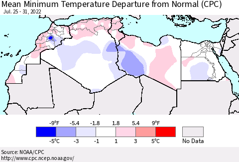 North Africa Mean Minimum Temperature Departure from Normal (CPC) Thematic Map For 7/25/2022 - 7/31/2022