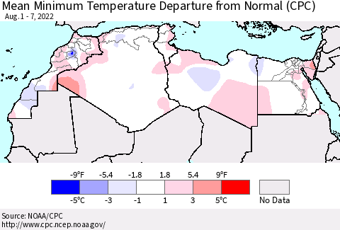 North Africa Mean Minimum Temperature Departure from Normal (CPC) Thematic Map For 8/1/2022 - 8/7/2022