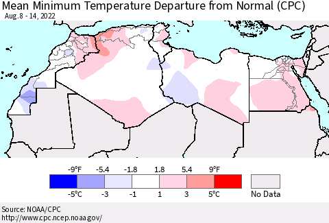 North Africa Mean Minimum Temperature Departure from Normal (CPC) Thematic Map For 8/8/2022 - 8/14/2022