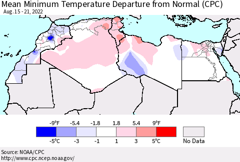 North Africa Mean Minimum Temperature Departure from Normal (CPC) Thematic Map For 8/15/2022 - 8/21/2022