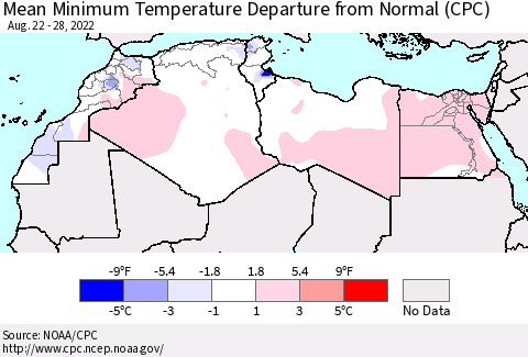 North Africa Mean Minimum Temperature Departure from Normal (CPC) Thematic Map For 8/22/2022 - 8/28/2022