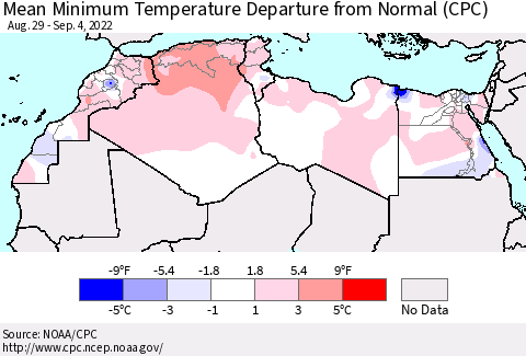 North Africa Mean Minimum Temperature Departure from Normal (CPC) Thematic Map For 8/29/2022 - 9/4/2022