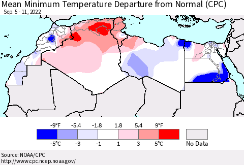 North Africa Mean Minimum Temperature Departure from Normal (CPC) Thematic Map For 9/5/2022 - 9/11/2022