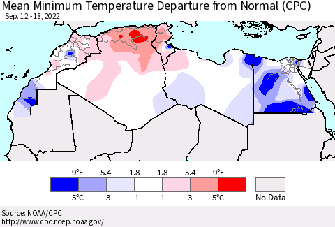 North Africa Mean Minimum Temperature Departure from Normal (CPC) Thematic Map For 9/12/2022 - 9/18/2022