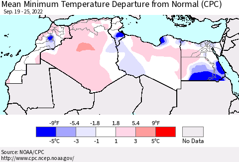 North Africa Mean Minimum Temperature Departure from Normal (CPC) Thematic Map For 9/19/2022 - 9/25/2022