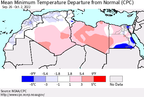North Africa Mean Minimum Temperature Departure from Normal (CPC) Thematic Map For 9/26/2022 - 10/2/2022